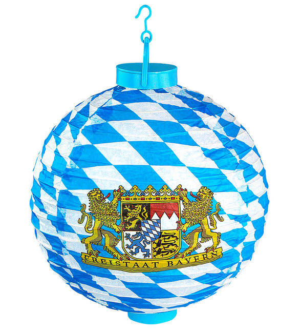 Blauw-witte Beierse ledlampion met gouden leeuwen en kroon, hangend aan kunststof haak
