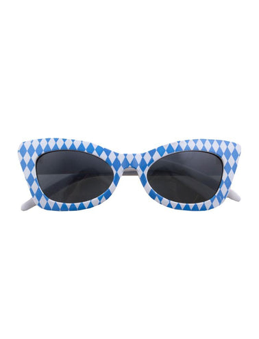 Blauw-witte oktoberfestbril van voren met spitse cat-eyevorm en donkere glazen voor bierfeesten