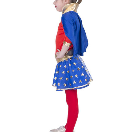 Blauwe cape met hoge gouden kraag van het super power pak meisje, zijaanzicht