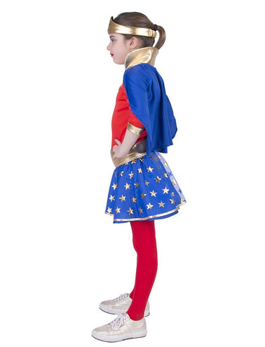 Blauwe cape met hoge gouden kraag van het super power pak meisje, zijaanzicht