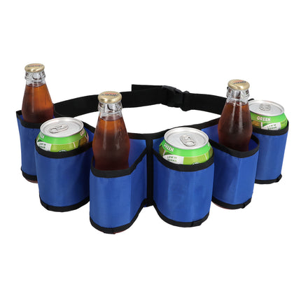 Blauwe party drinkgordel met zes houders, gevuld met drie flesjes en drie blikjes