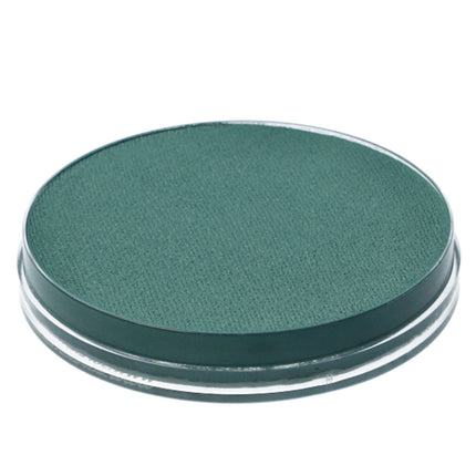 Blauwgroene aquaschmink in doorzichtig rond potje, zijaanzicht van de vlakke schminkcake