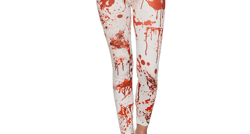 Bloedspatten legging dames in wit met druipende rode spatten en handafdrukken op de dijbenen