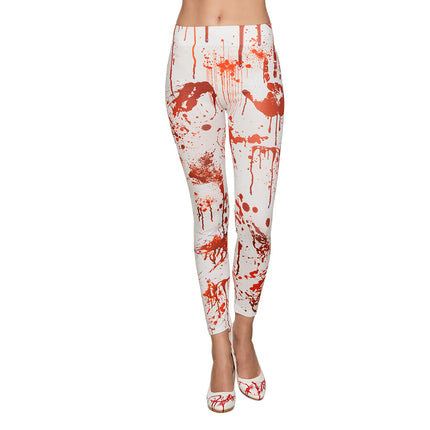 Bloedspatten legging dames in wit met druipende rode spatten en handafdrukken op de dijbenen
