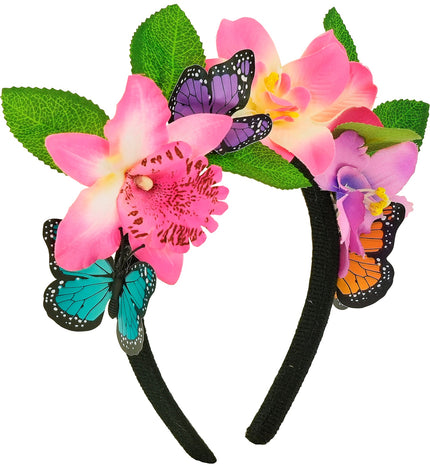 Bloemen haarband met vlinders dames, roze orchideeën, groene bladeren en zwarte band