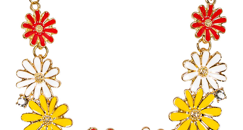Bloemenketting rood-wit-geel met emaille bloemen en goudkleurige schakelketting voor dames