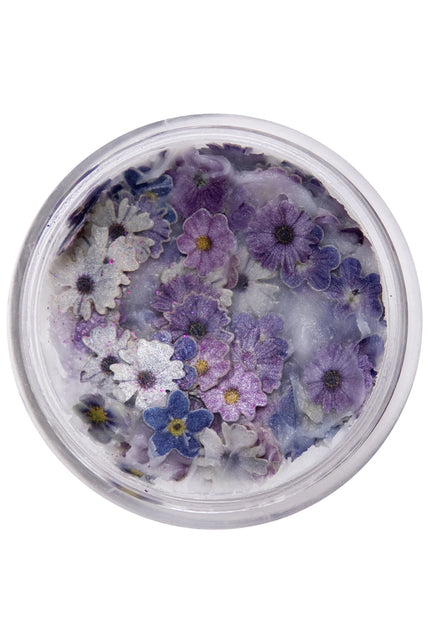 Bloemetjes in wax paars in doorzichtig potje met witte wasbasis en gele bloemhartjes