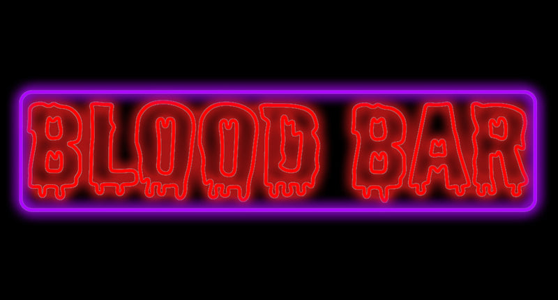 Blood Bar neonbord met rode druipletters in een paars oplichtend kader voor Halloween