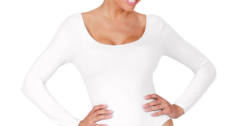 Body met lange mouwen en knoopsluiting voor dames, vooraanzicht met diepe ronde hals