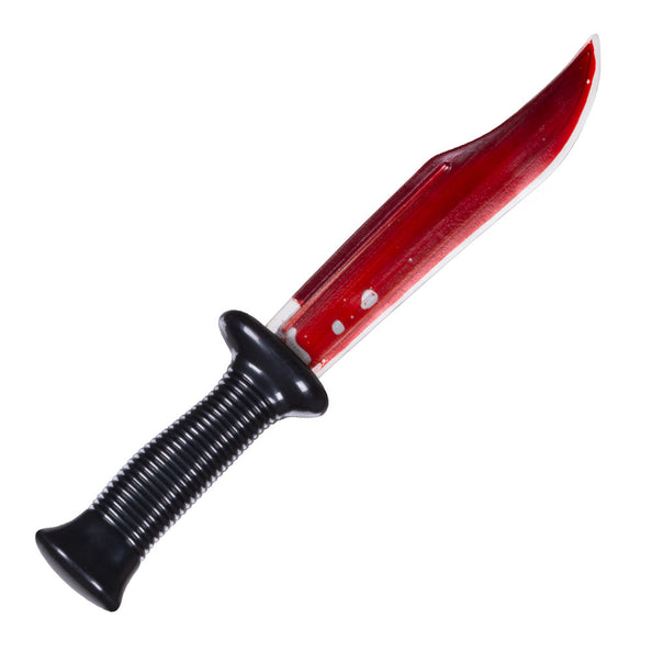Bloederig mes van 33 cm met rood bebloede gebogen kling en zwart geribbeld heft