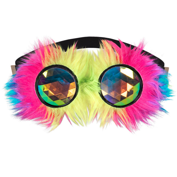 Bril Rave disco met ronde facetglazen en pluizige rand in neongeel, roze en blauw, met zwarte band