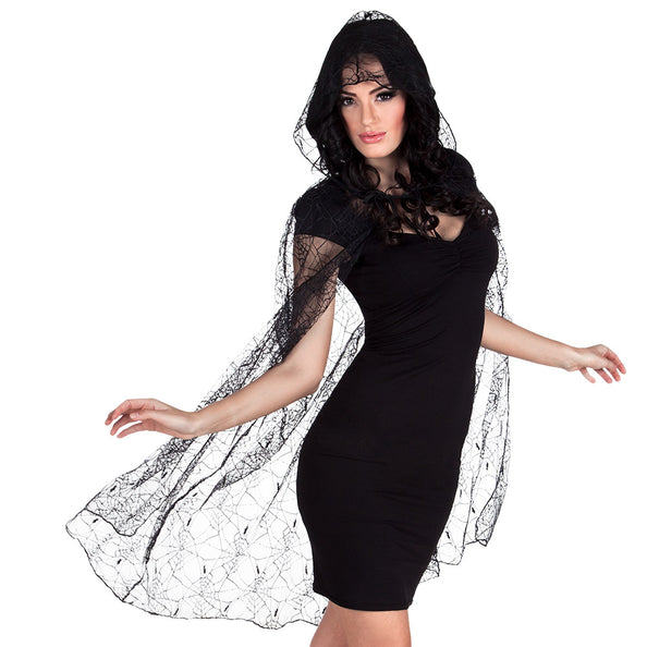 Cape Spiderweb dames, zwarte doorschijnende cape met capuchon en spinnenwebprint voor Halloween
