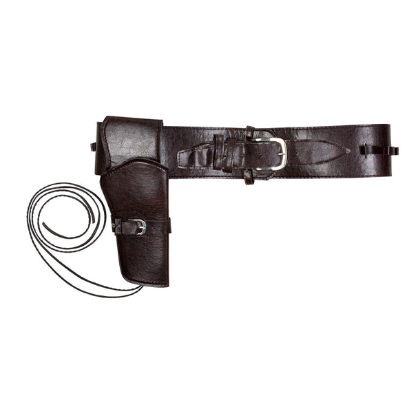 Cowboyholster bruin luxe in leerlook met brede riem, zilverkleurige gesp en lang beenkoord