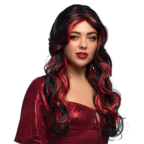 Duivelin pruik lang zwart rood met felrode strepen en golvende krullen, voor dames op Halloween