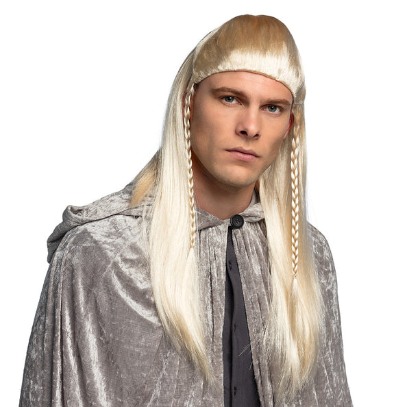 Elfen pruik lang blond met steil lichtblond haar en twee dunne vlechtjes langs het gezicht