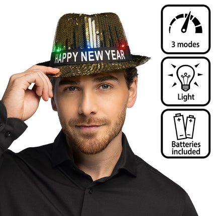 Boland Gouden LED hoed Happy New Year (met verlichting)