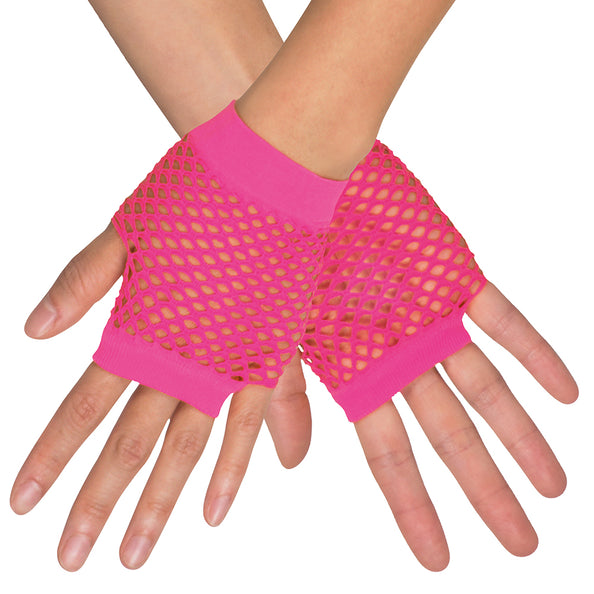 Handschoenen pols New York neon roze, vingerloos visnet met effen boorden over twee gekruiste handen