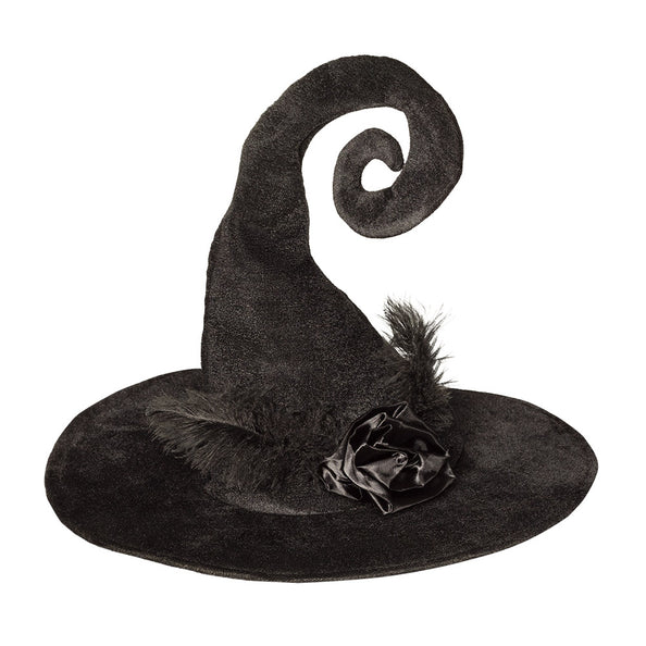 Heksenhoed Heks Duvessa in zwart met opgerolde punt, satijnen roos en veren, voor Halloween
