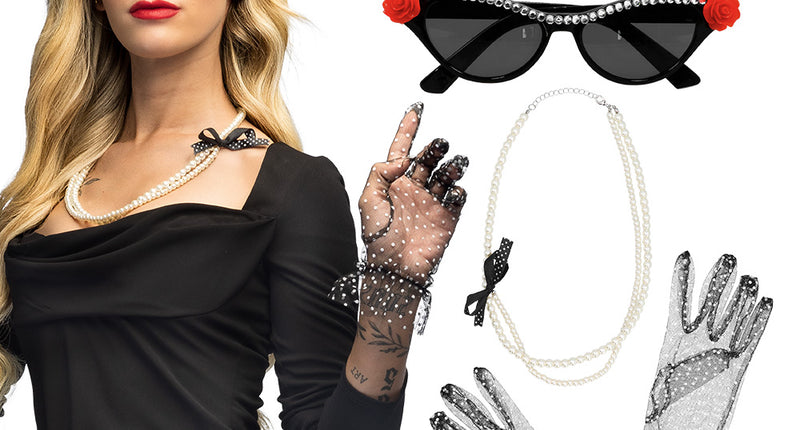 Jaren 50 accessoireset dames met zwarte cat-eye bril, parelketting, roosjesbroche en tule handschoenen