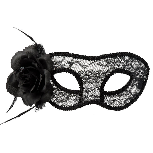 Kanten oogmasker Mystique zwart met stoffen roos en veertjes aan de zijkant