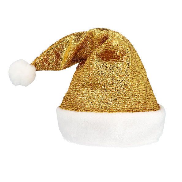 Kerstmuts glitter goud met witte plushrand en witte pompon aan de punt