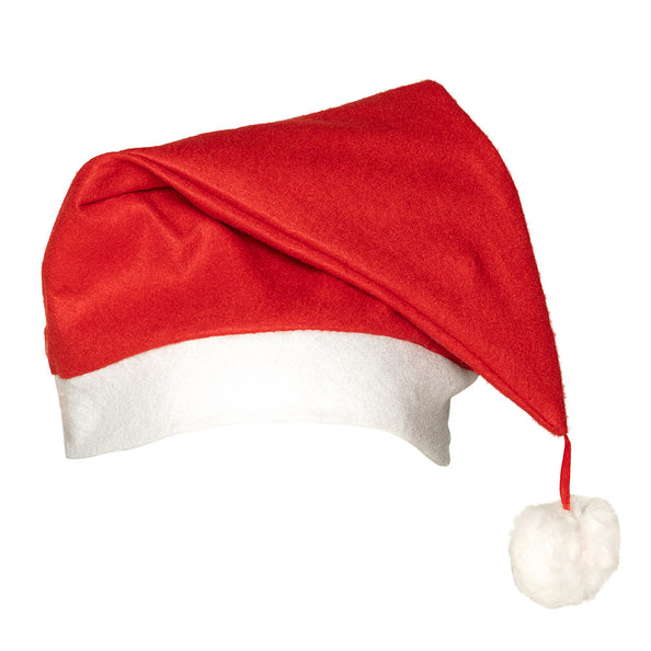 Kerstmuts promo goedkoop in rood met brede witte rand en witte pluimbal aan de punt