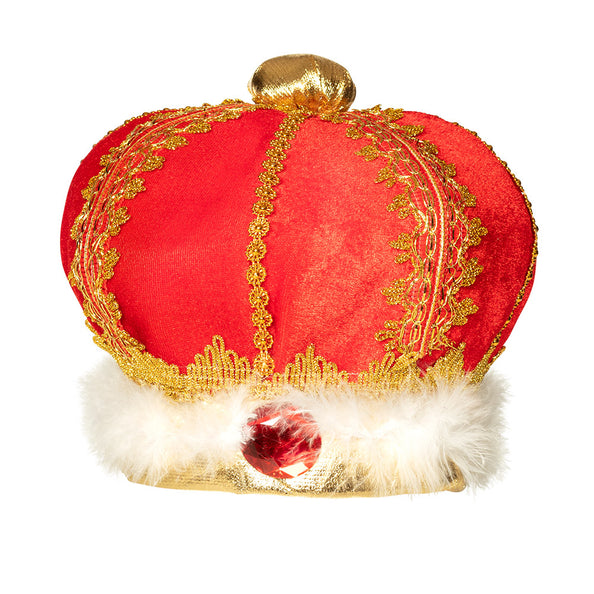 Koningskroon muts in rood met gouden sierbanden, gouden knop en witte rand met rode steen