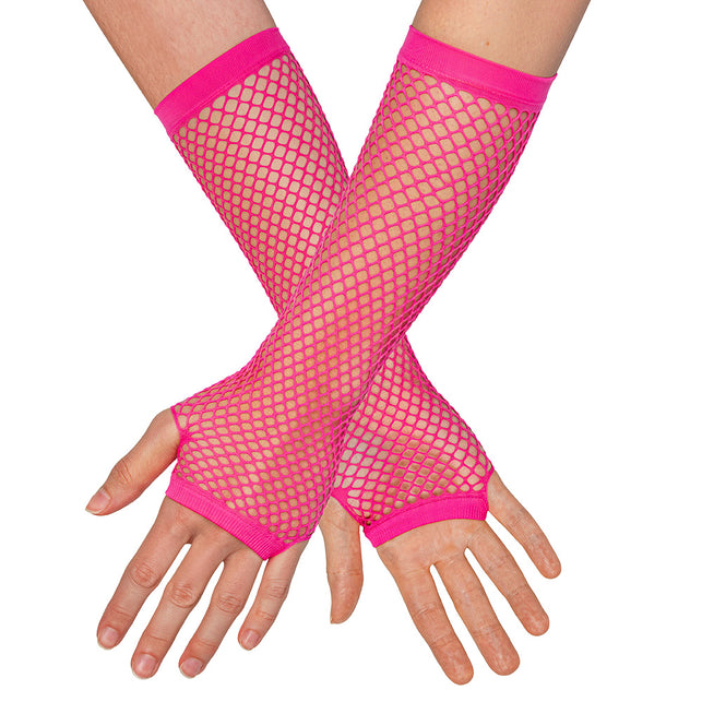 Boland Lange neonroze mesh handschoenen dames (elleboog)