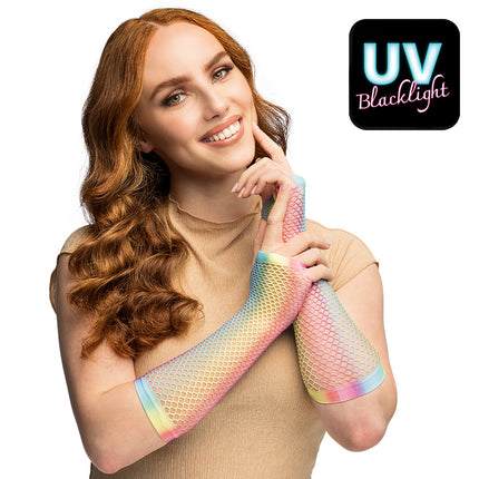 Boland Lange regenboog mesh handschoenen dames (elleboog)