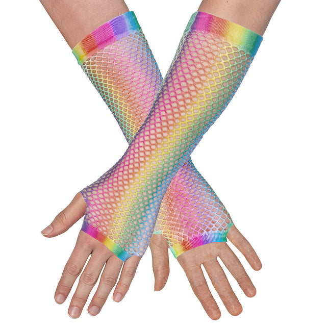 Boland Lange regenboog mesh handschoenen dames (elleboog)