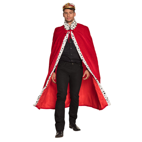 Mantel koning rood, lange rode cape met witte stippenkraag en rood striklint, voor carnaval