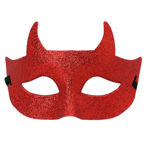 Masker duivel glitter in rood met twee gepunte hoorntjes en zwarte elastieken zijbanden