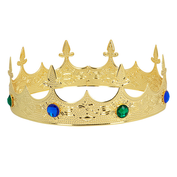 Metalen kroon Royalty goud met reliëfband, lelievormige punten en blauwe en groene facetstenen