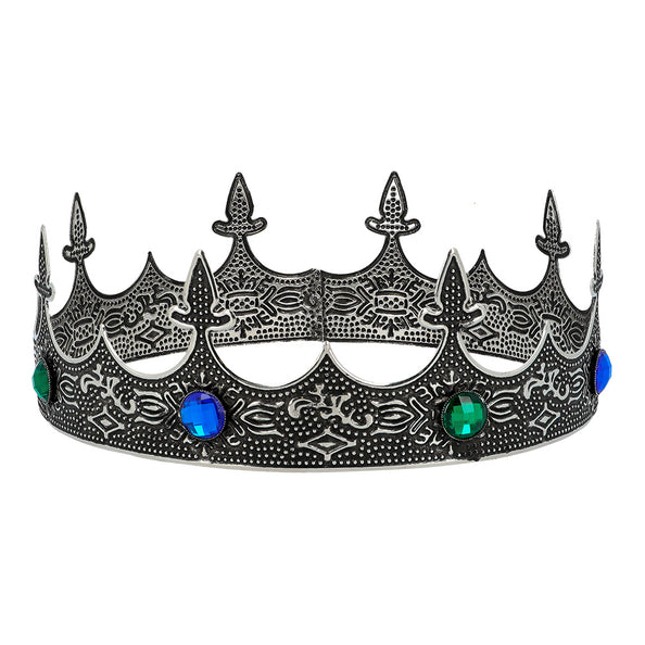 Metalen kroon Royalty zilver met blauwe en groene stenen en spitse lelievormige punten
