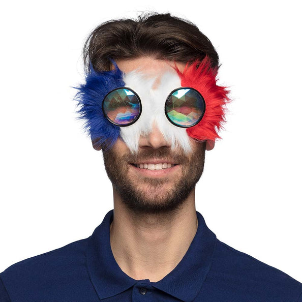 Partybril Rave Frankrijk voor de ogen gedragen, met facetglazen in een pluizige blauw-wit-rode rand