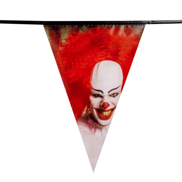 PE vlaggenlijn horror clown, puntvlag met wit geschminkt clownsgezicht en rode pruik voor Halloween