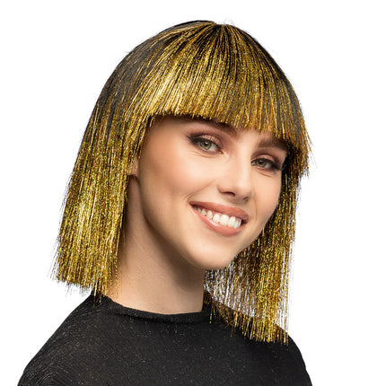 Pruik Crazy zwart met goud tinsel