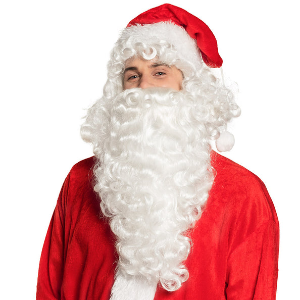 Pruik Kerstman met lange baard in witte krullen, gedragen onder een rode kerstmuts voor Kerst