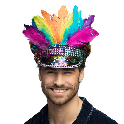 Boland Regenboog glitter pet met veren