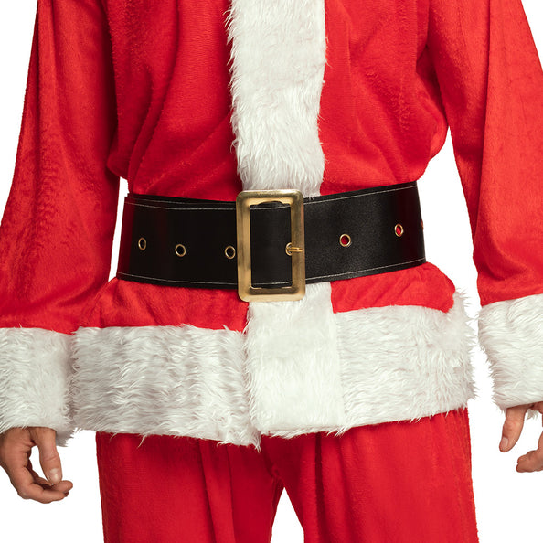Riem Kerstman in zwart met goudkleurige rechthoekige gesp en metalen ringetjes over een rode kerstmanjas