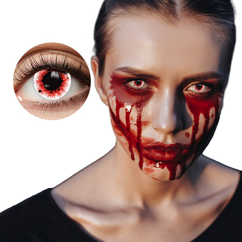 Rode Halloween contactlenzen Blood splatter gedragen bij bloedschmink, met uitsnede van de witte iris met rode adertjes