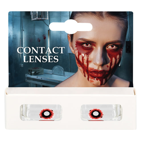 Verpakking met een paar rode Blood splatter contactlenzen in vloeistof, zonder sterkte