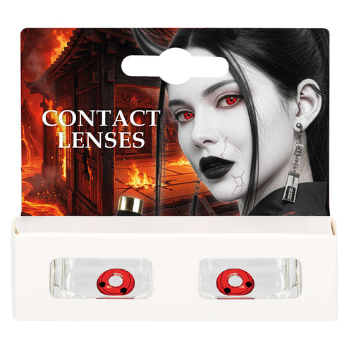 Verpakking rode Cursed demon contactlenzen met twee lenzen in blisters, per paar
