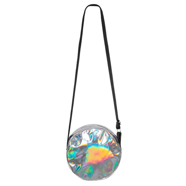 Schoudertasje Holo zilver, rond tasje met holografische regenboogglans en lange zwarte schouderband