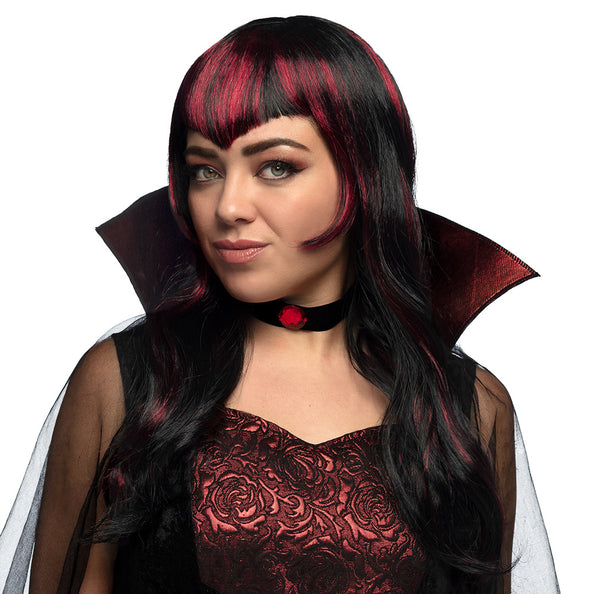 Vampier pruik dames met rode streaks, lang zwart haar met rechte pony, voor Halloween