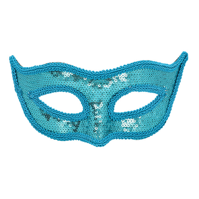 Turquoise pailletten oogmasker met opstaande punten en uitgesneden ogen, productfoto