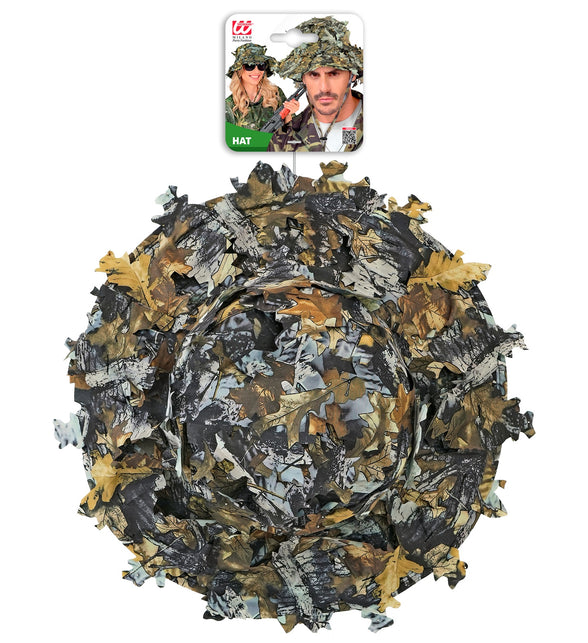 Boonie hoed camouflage van bovenaf met bladapplicaties en verpakkingskaart