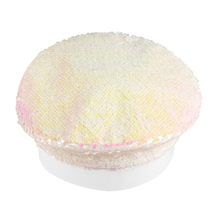 Bovenaanzicht van de pailletten pet Sandy candy met omkeerbare parelmoer pailletten op de bol