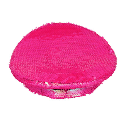 Bovenkant van de pailletten pet Cosmic, volledig bedekt met neonroze pailletten