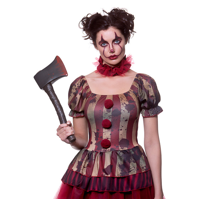 Bovenlijf zombie clown kostuum Bente met vierkante halslijn en rode ruche-halskraag